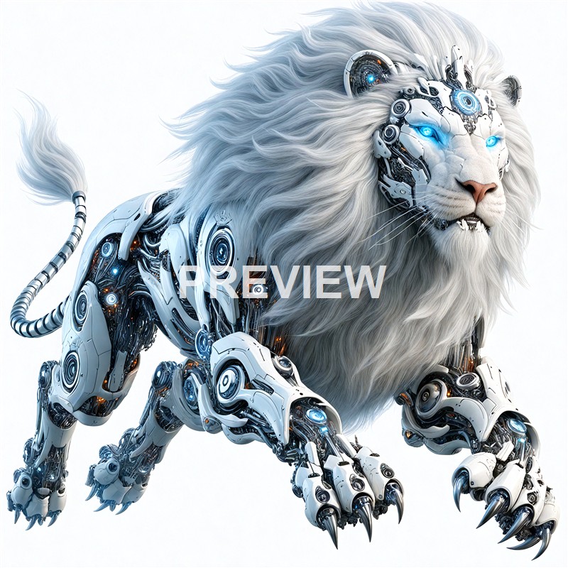 A majestic lion with a detailed, realistic face combined with a robotic, cybernetic body featuring glowing blue accents and intricate mechanical components.